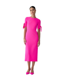 Elbow Tie Sleeve Crewneck Midi Dress | Hot Pink
