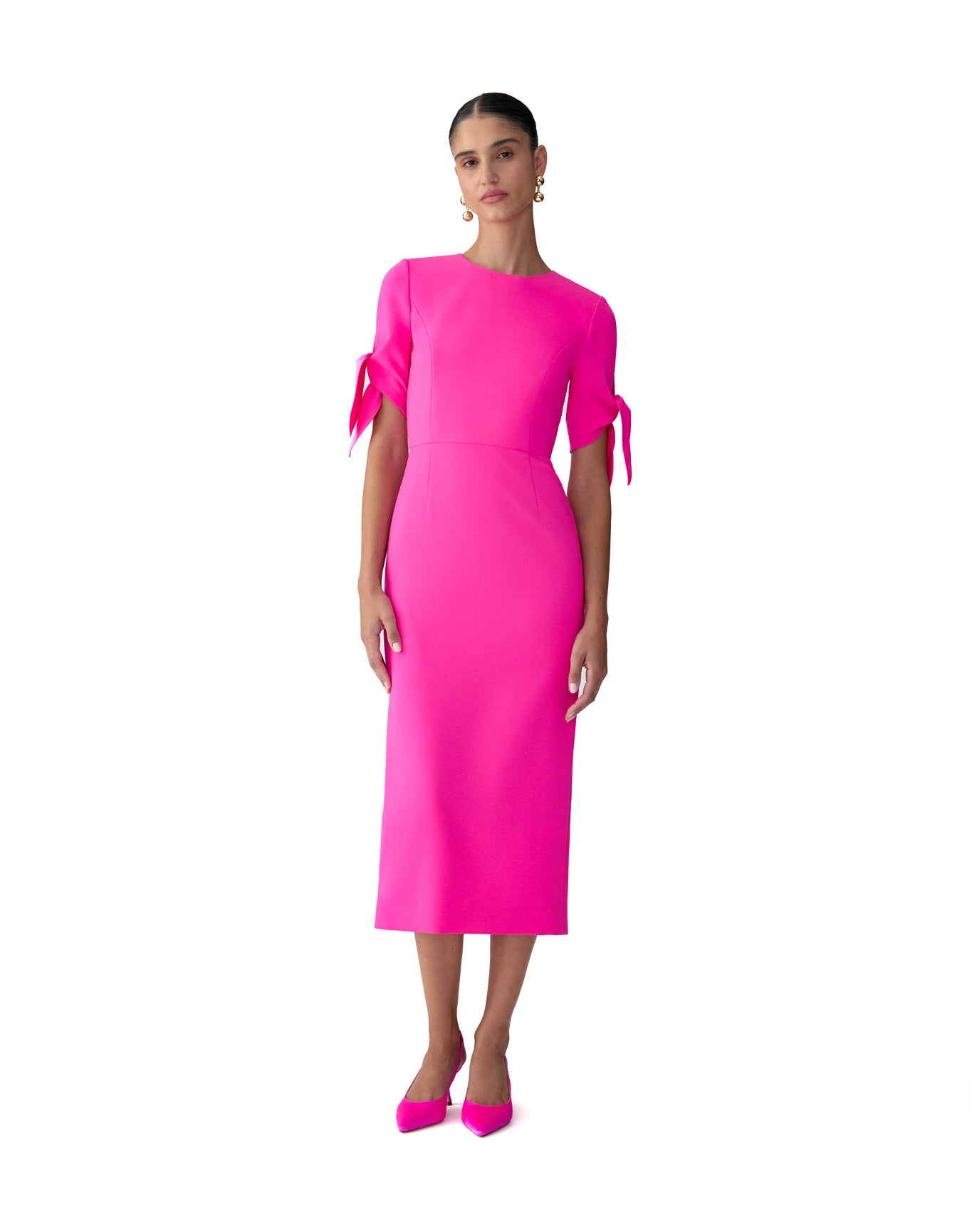 Elbow Tie Sleeve Crewneck Midi Dress | Hot Pink
