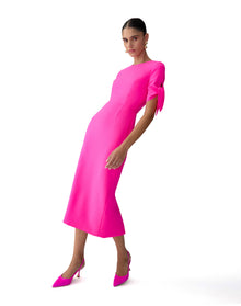 Elbow Tie Sleeve Crewneck Midi Dress | Hot Pink