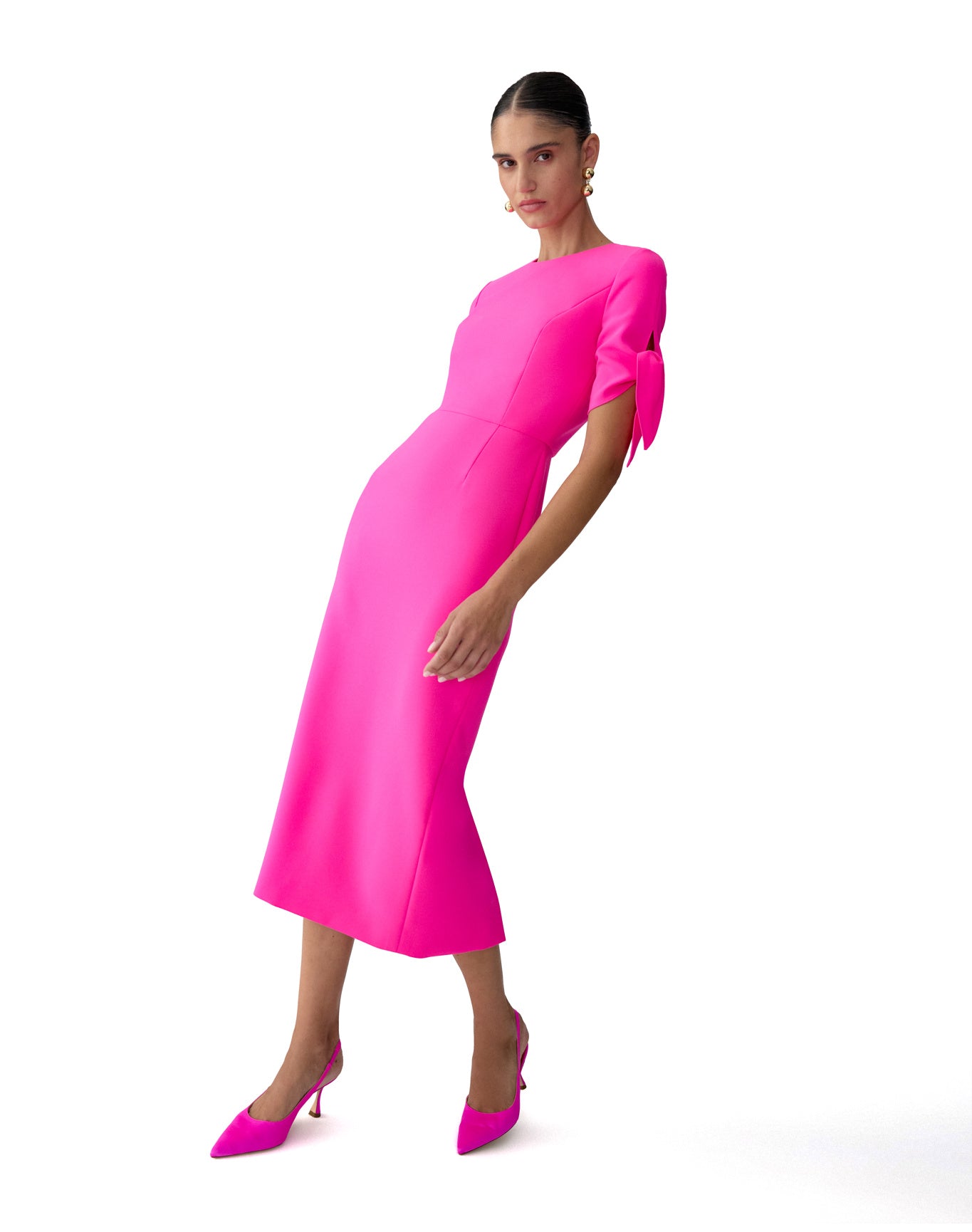 Elbow Tie Sleeve Crewneck Midi Dress | Hot Pink