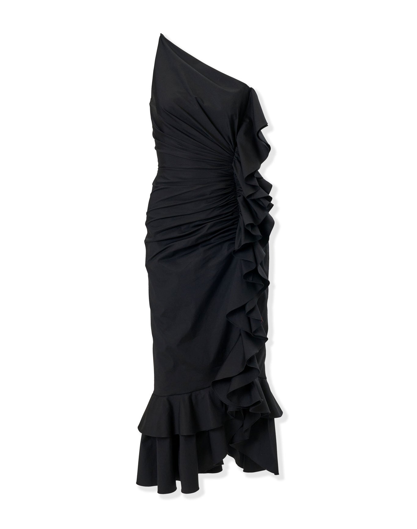One Shoulder Ruched Midi Dress With Ruffle | Black