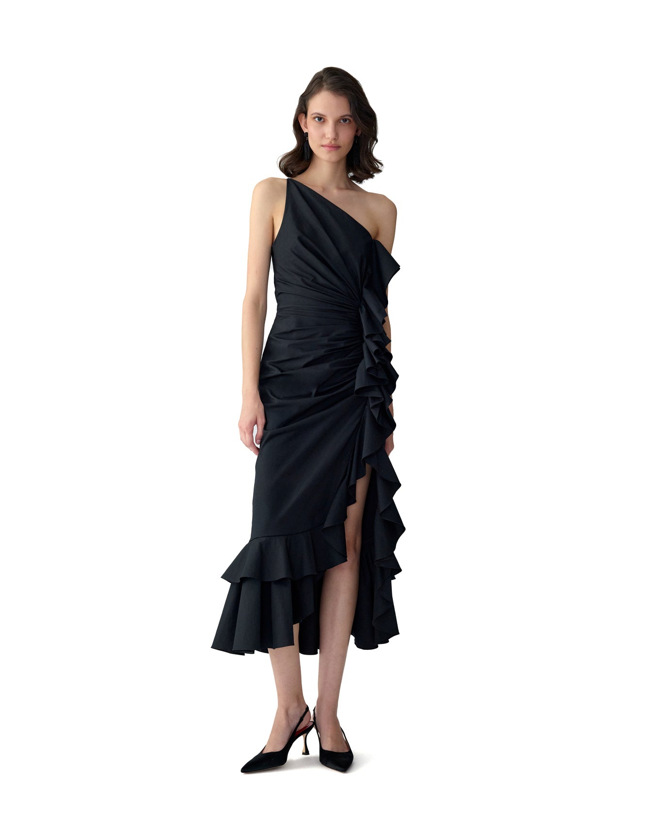 One Shoulder Ruched Midi Dress With Ruffle | Black