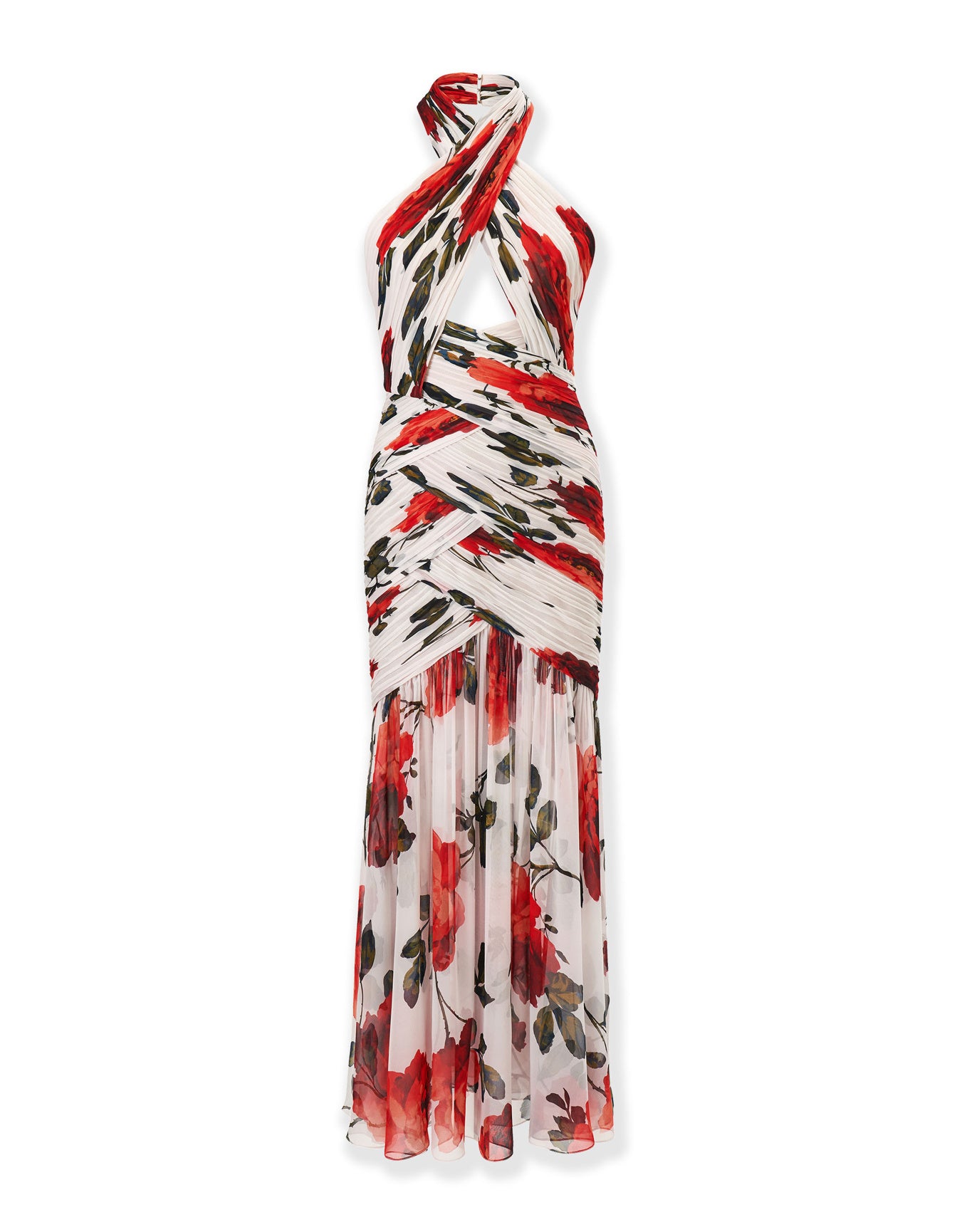 Criss-Cross Halter Neck Ruched Midi Dress | Ivory Multi