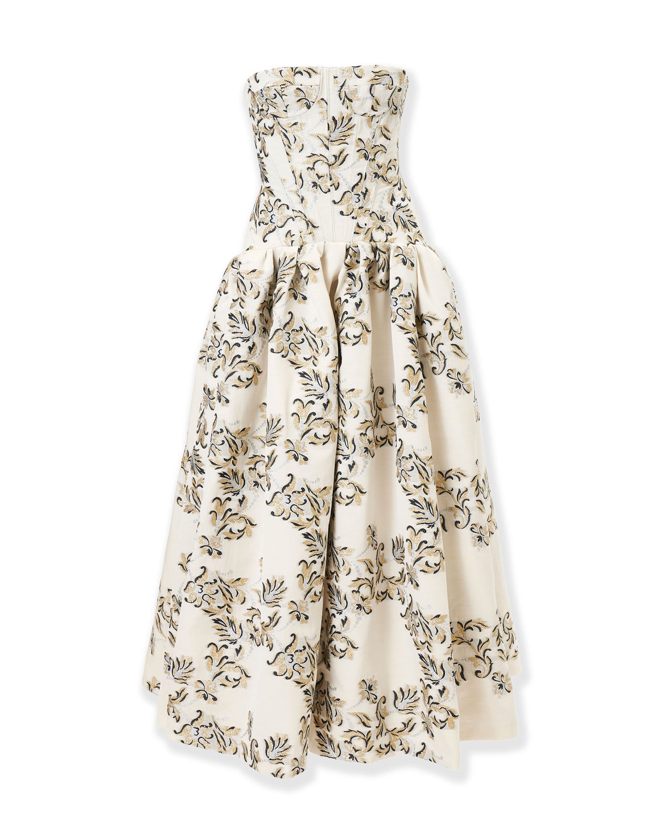 Strapless Corseted Drop Waist Tea Length Dress | Ivory Multi