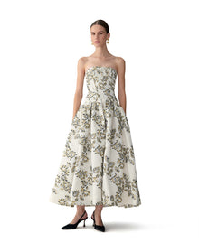 Strapless Corseted Drop Waist Tea Length Dress | Ivory Multi