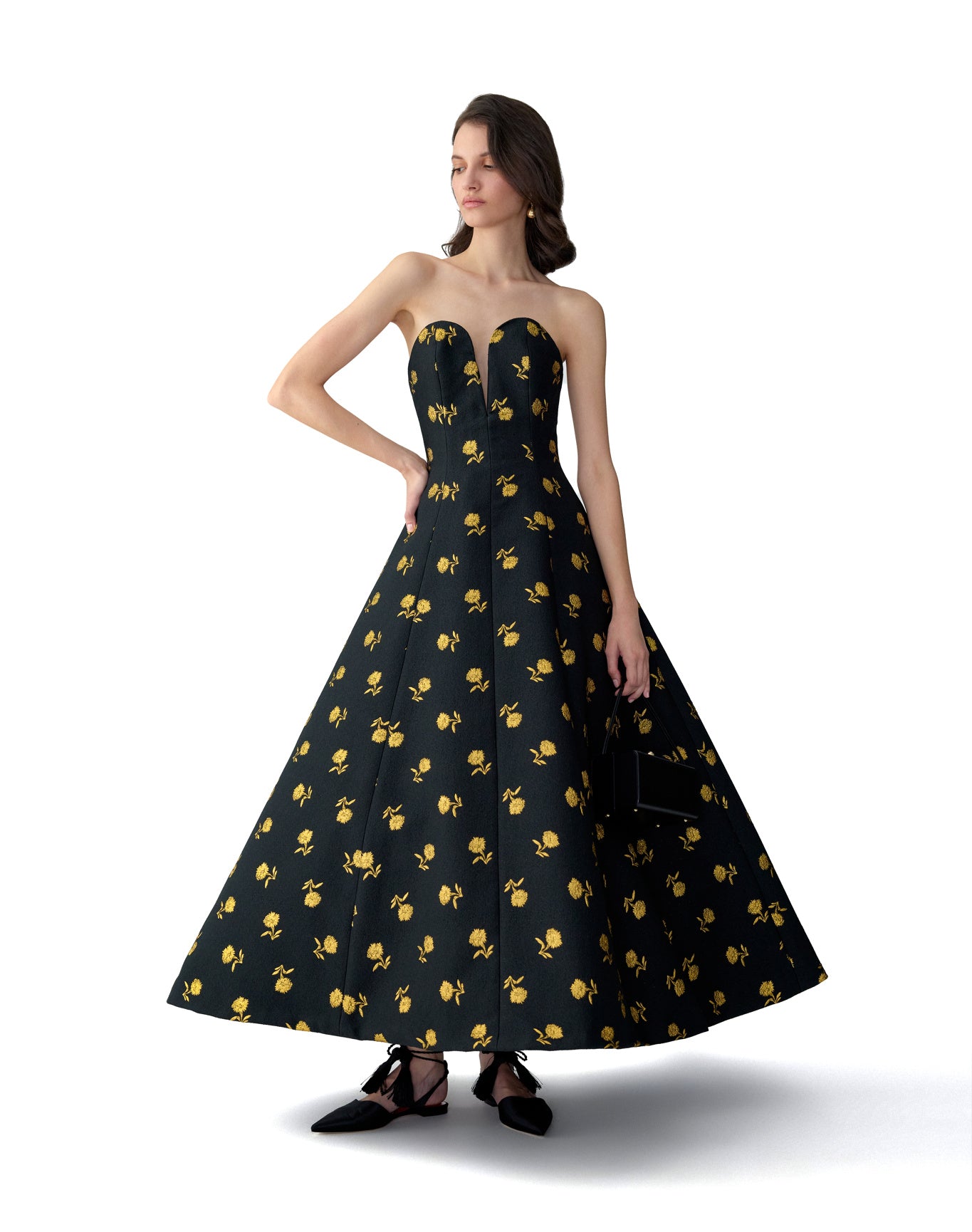Strapless Deep V A-Line Tea Length Dress | Black Multi