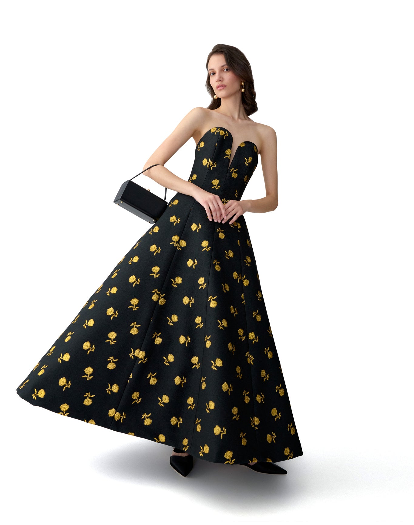 Strapless Deep V A-Line Tea Length Dress | Black Multi