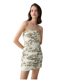 Strapless Ruched Mini Dress | Ivory Multi