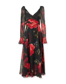 Long Sleeve V-Neck Cross Front Midi Dress | Black Multi