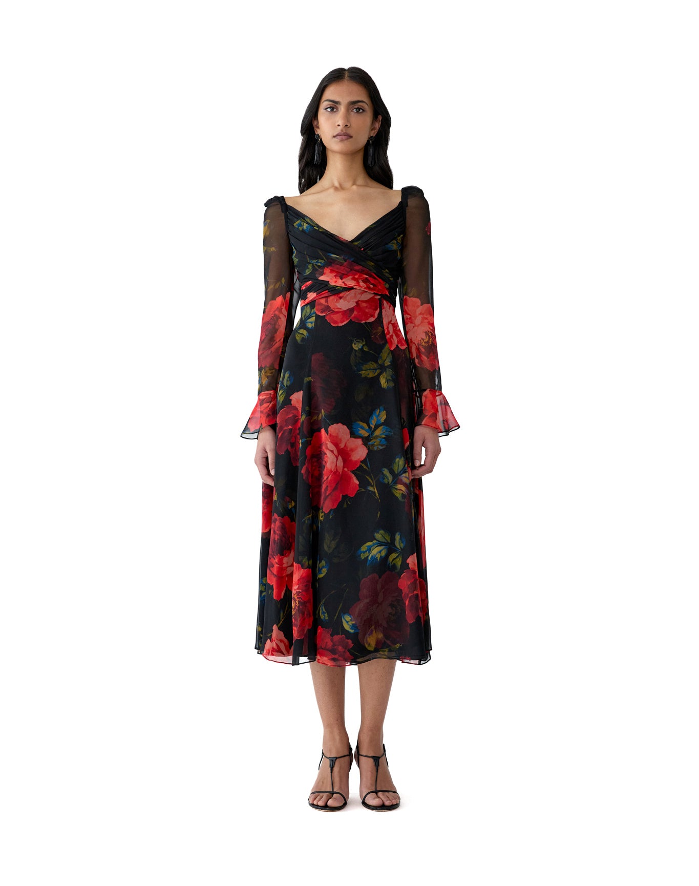 Long Sleeve V-Neck Cross Front Midi Dress | Black Multi