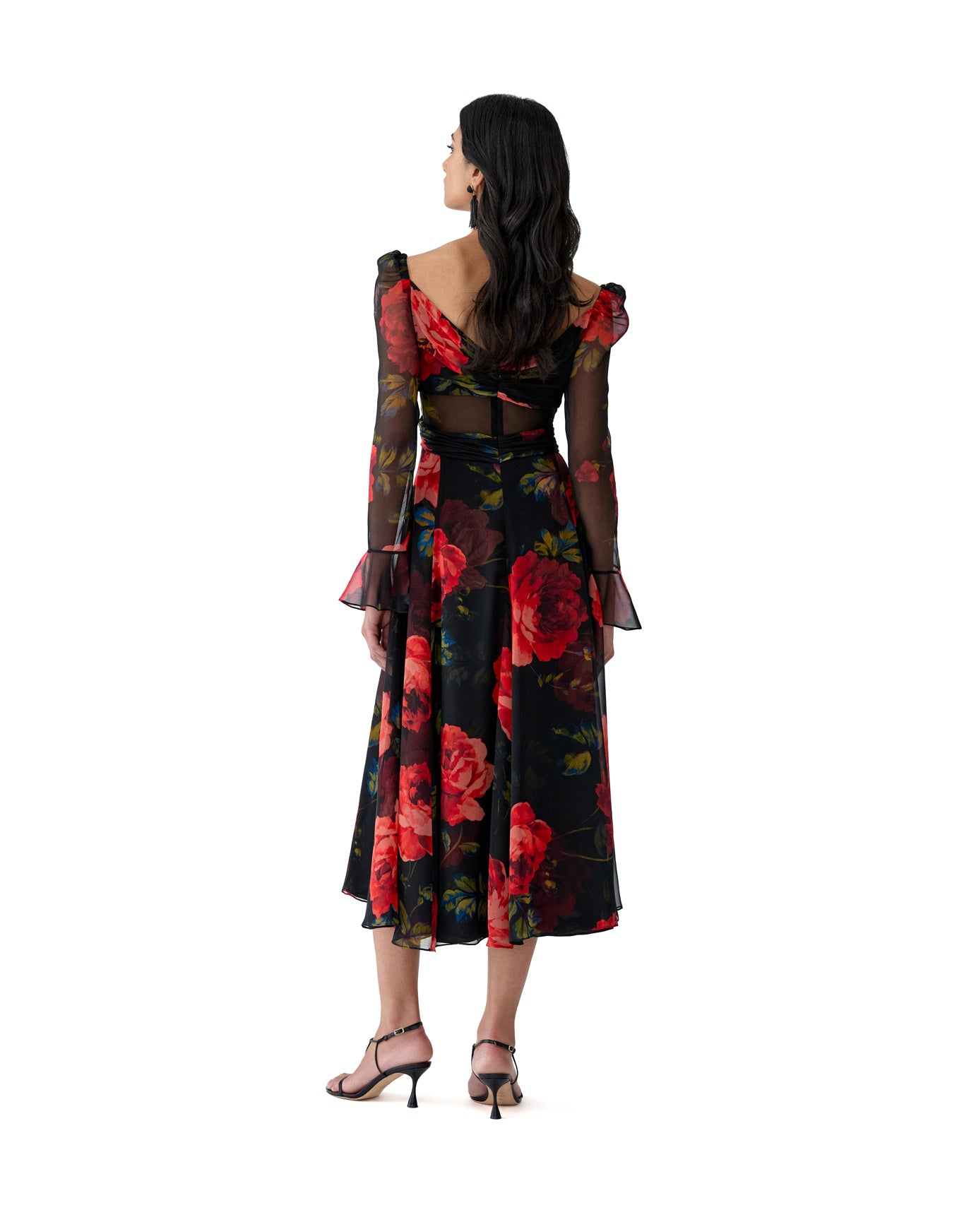 Long Sleeve V-Neck Cross Front Midi Dress | Black Multi