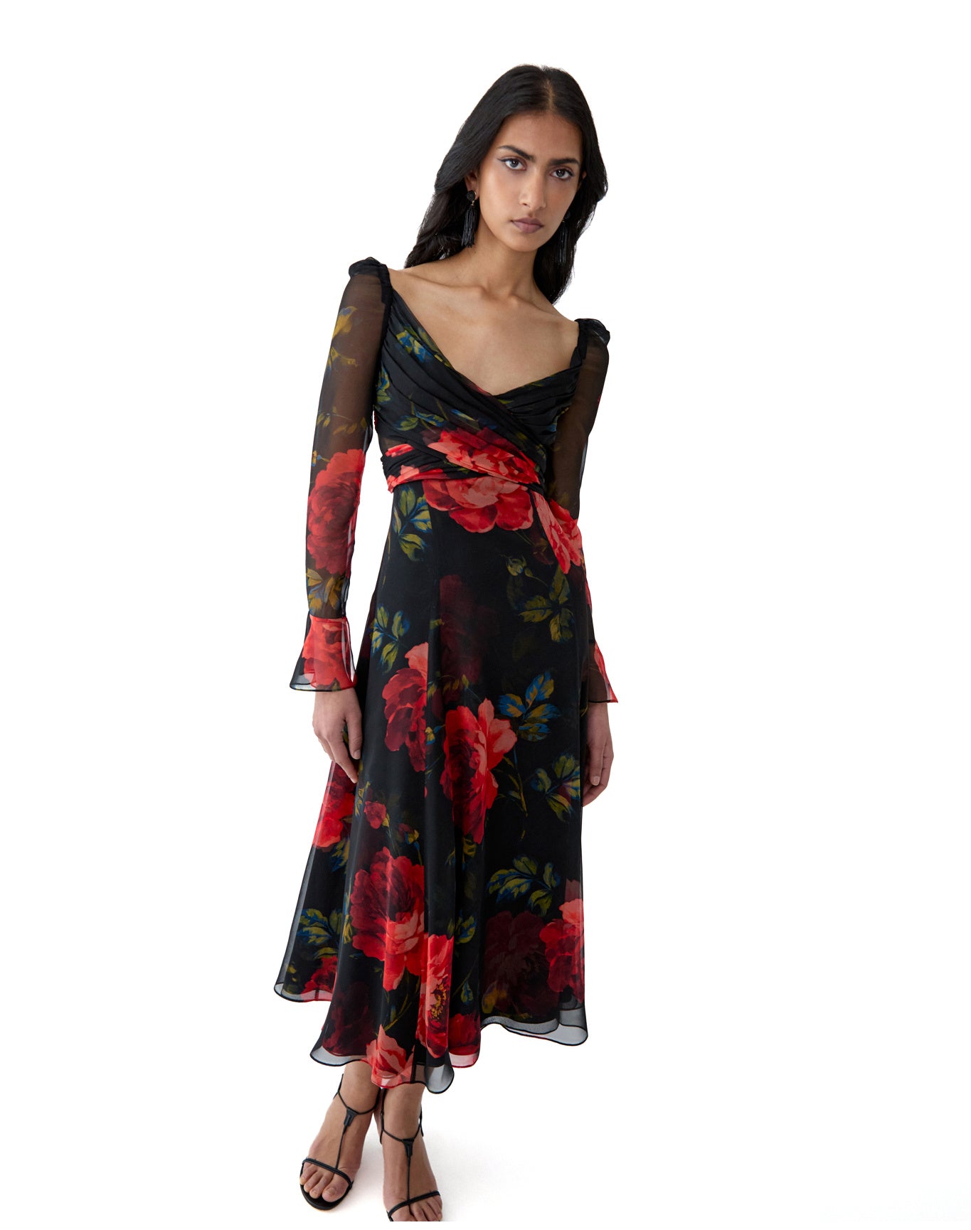 Long Sleeve V-Neck Cross Front Midi Dress | Black Multi