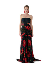 Strapless Exposed Bustier Gown With Ruching | Black Multi