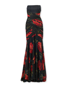 Strapless Exposed Bustier Gown With Ruching | Black Multi