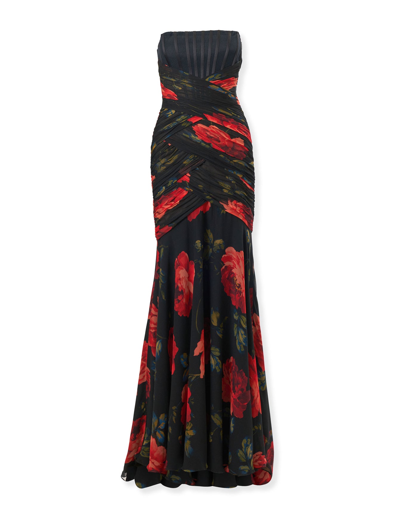 Strapless Exposed Bustier Gown With Ruching | Black Multi