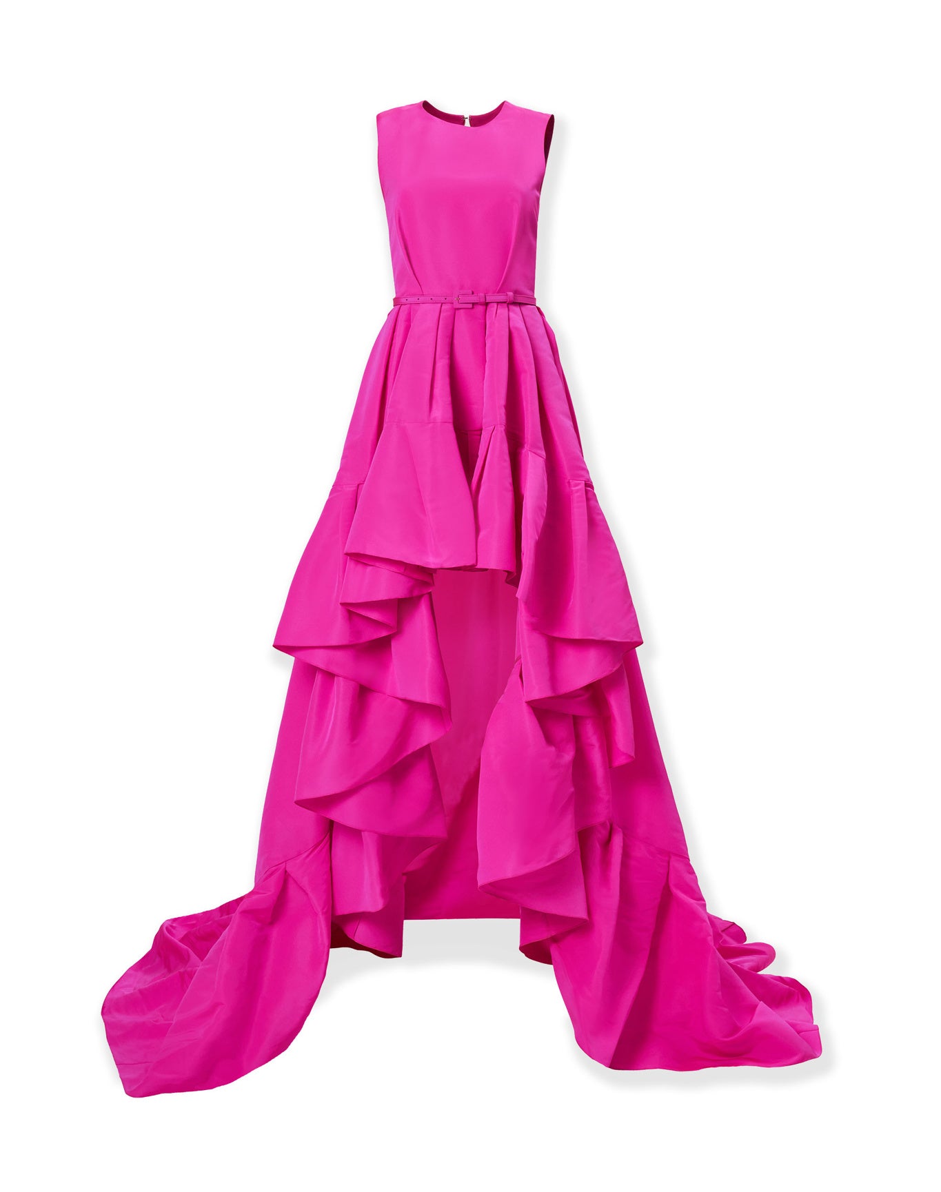 Sleeveless Crewneck High-Low Ruffle Hem Gown | Hot Pink