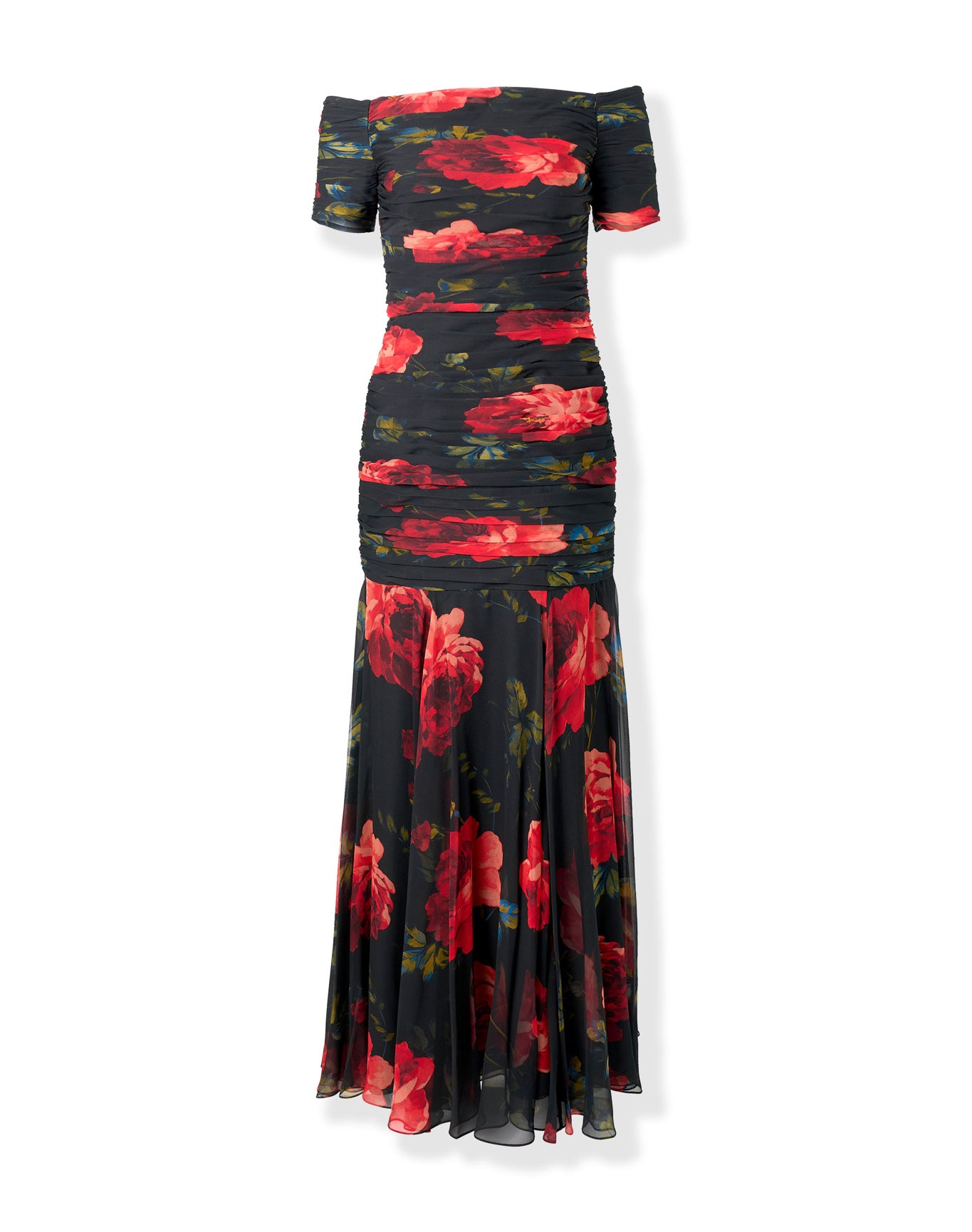 Short Sleeve Off Shoulder Gown With Ruching | Black Multi