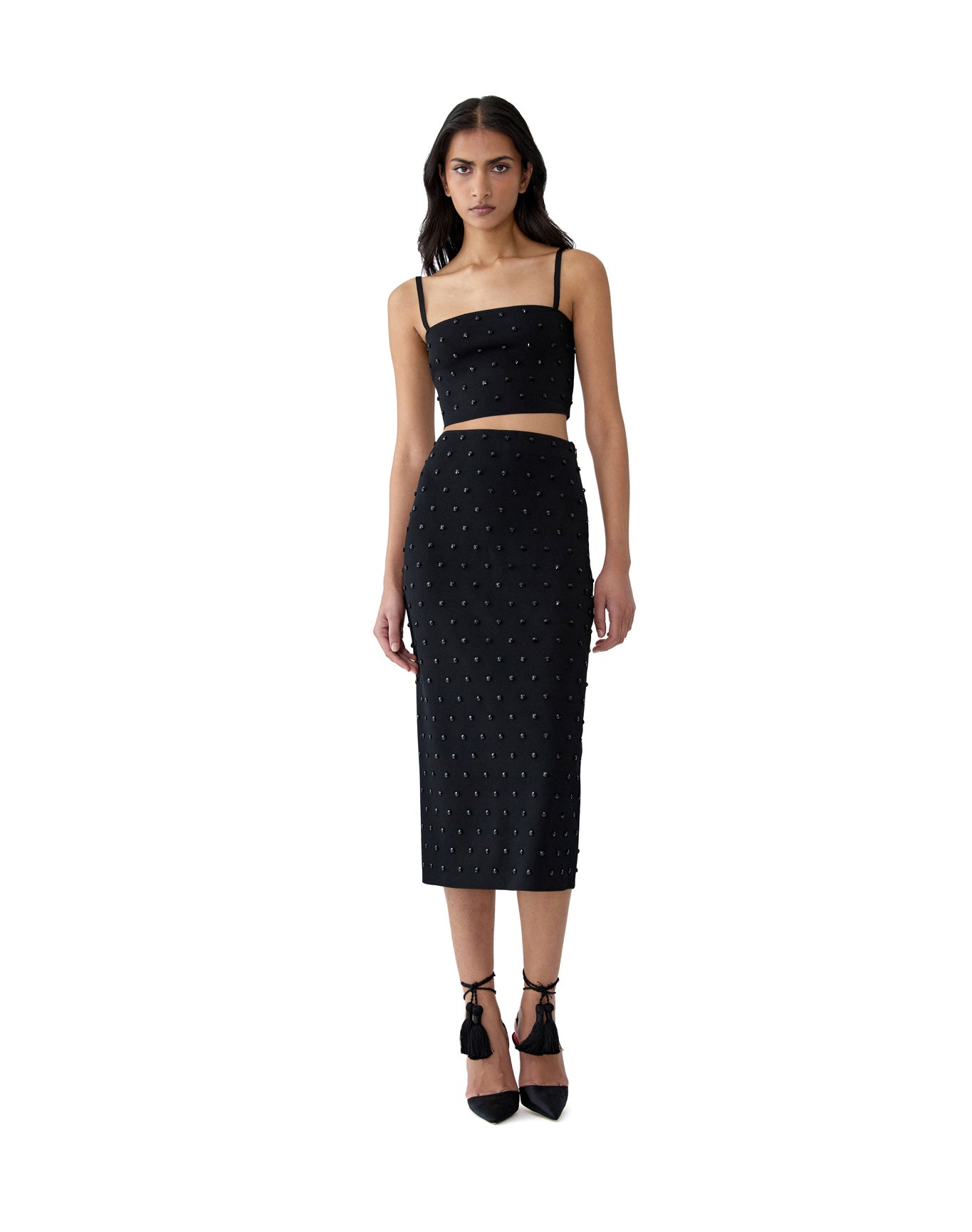 Embroidered Thin Strap Cropped Top | Black/Black