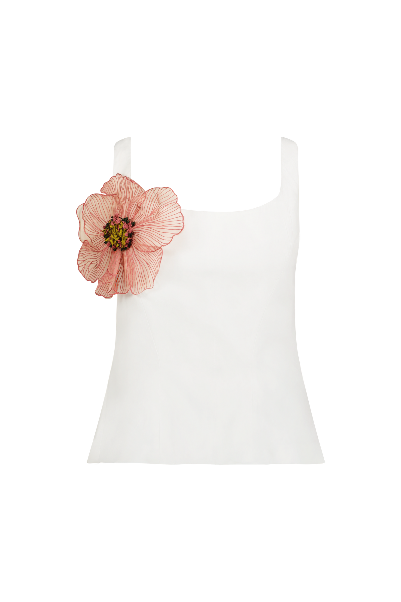 Peony Embroidered Cotton Poplin Scoop Neck Top | White/Pink