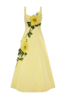 Peony Embroidered Stretch Cotton Full Dress | Butter/Yellow