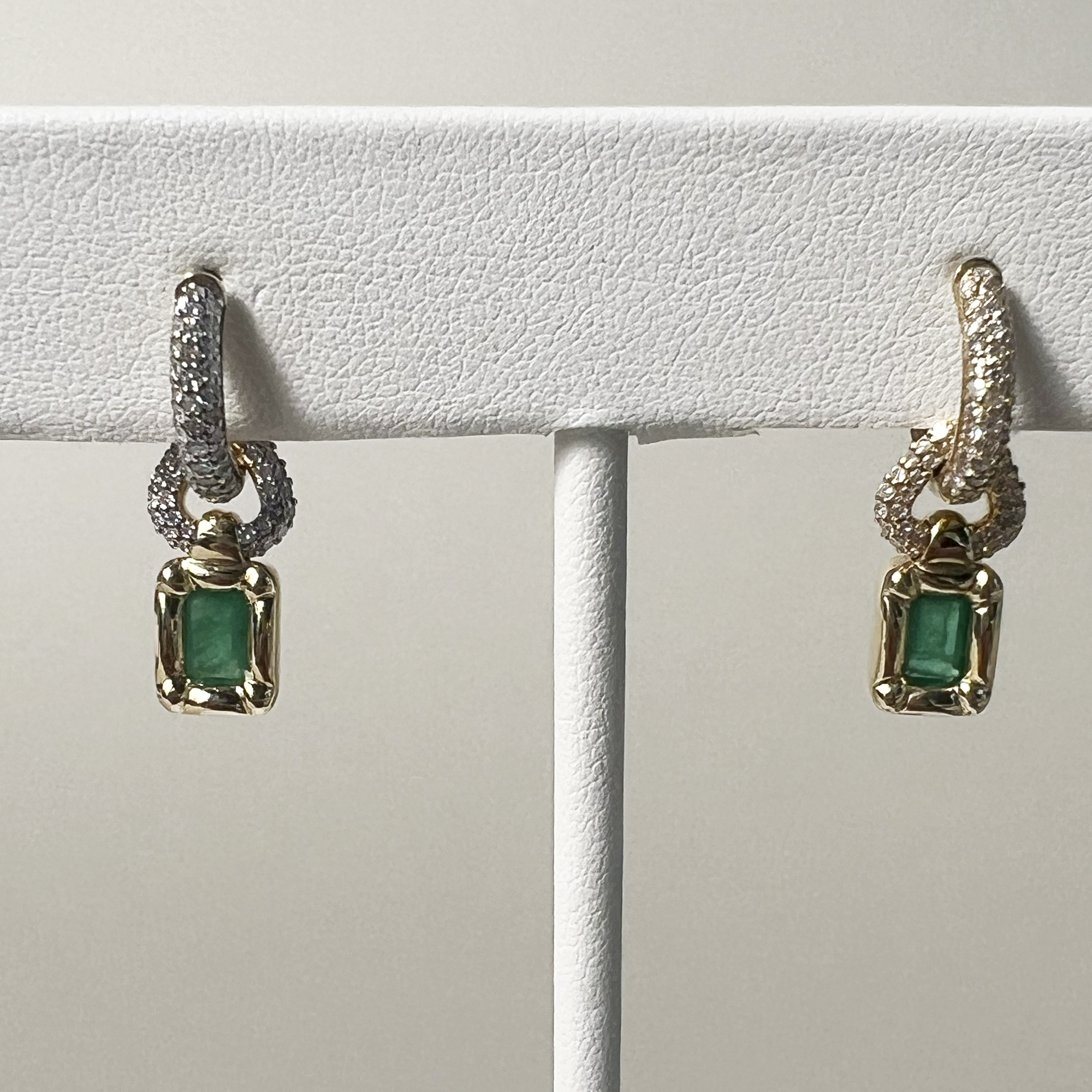 Classic Emerald Huggie Drop Earrings with Pave | 14K Yellow Gold | White Diamond/Green Emerald