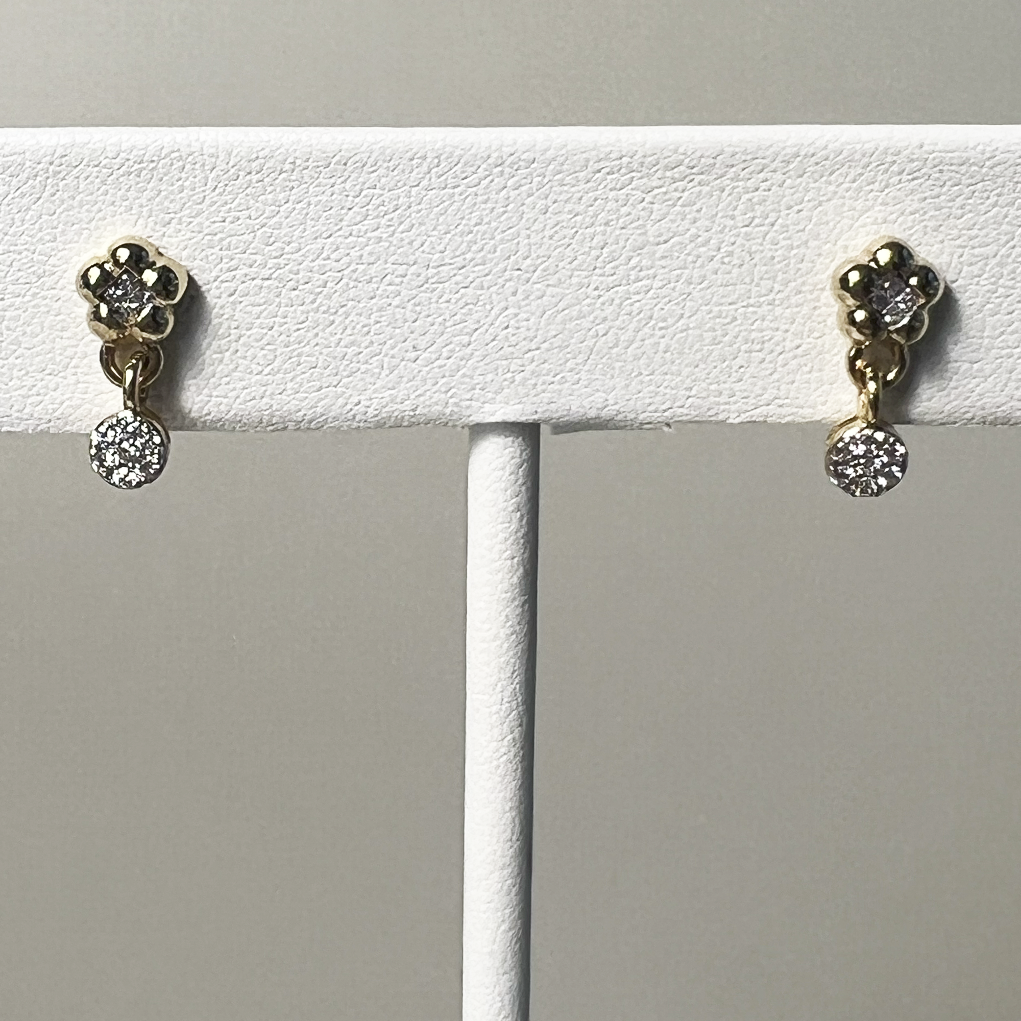 14K Solid Yellow Gold Small Puffy Pave Flower Drop Earrings | 14K Yellow Gold | 0.88 CTW (Approx) White Diamond