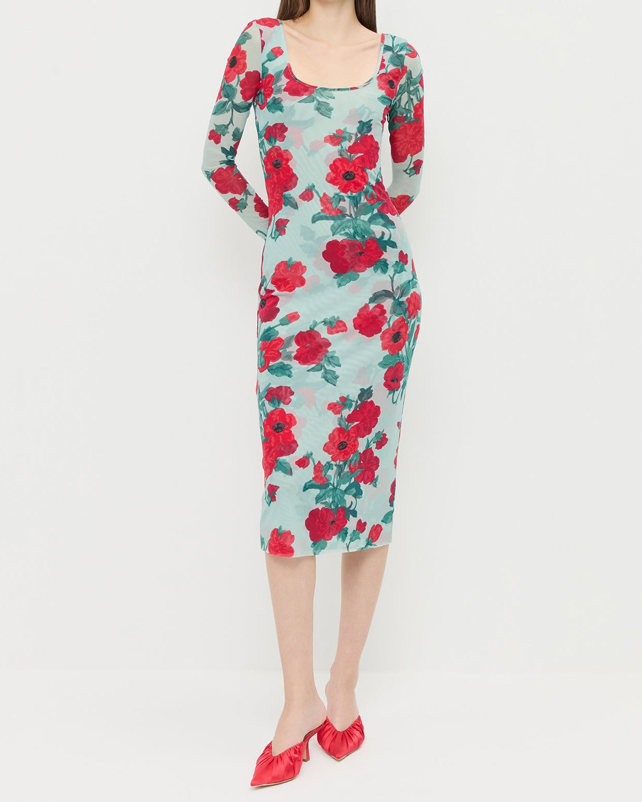 Samara Dress in mint floral mesh fabric and Inez Red Satin Mid-Heel Mule.