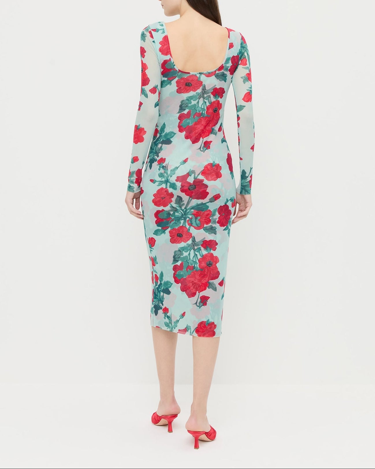 Samara Dress in mint floral mesh fabric and Inez Red Satin Mid-Heel Mule.