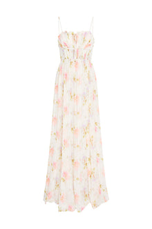 Maxi dress with ruched detailing at the top with ruffle detail at the neckline. The piece is finished with a sweeping shirred skirt and a smocked back for an easy and comfortable fit.
