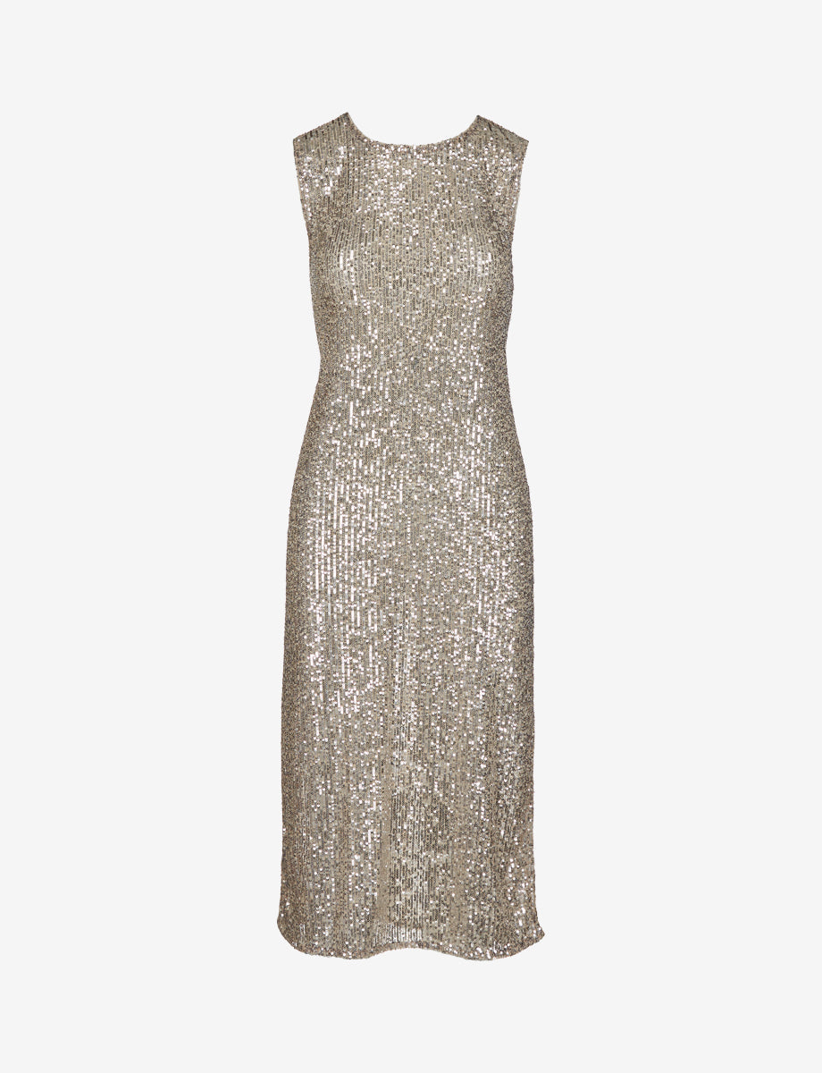 Sequin Mesh Midi Dress::Silver::Main
