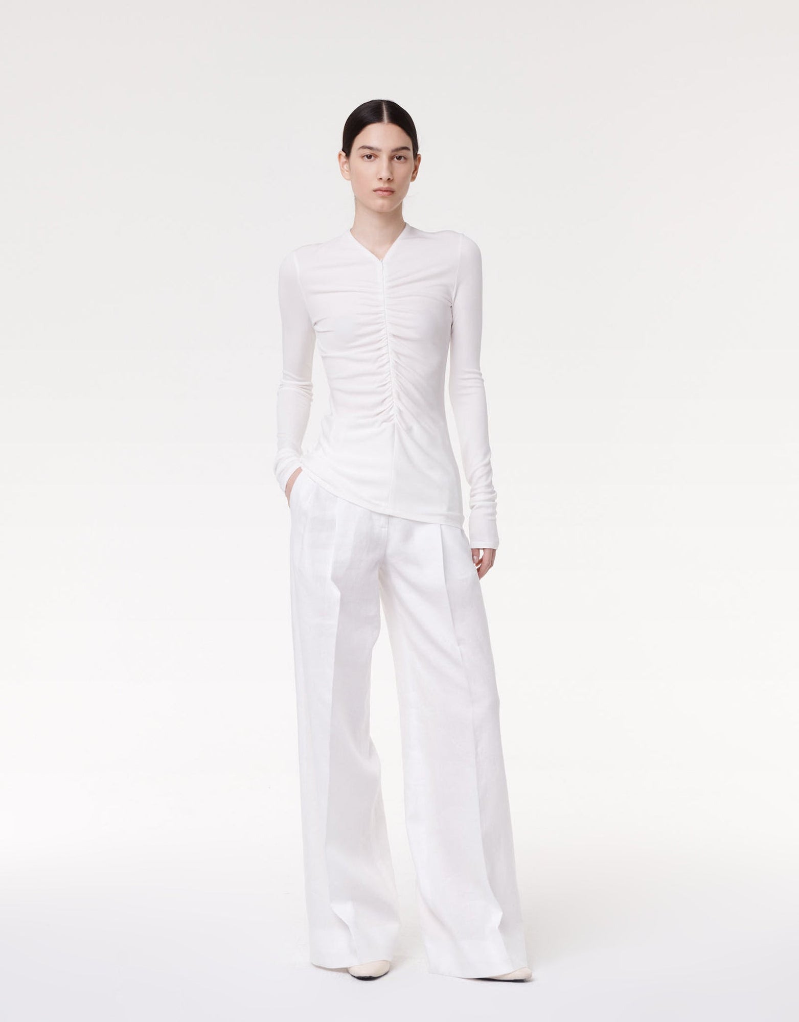 Another Tomorrow Shirred Long Sleeve Top in Off White – Viscose Women's Top