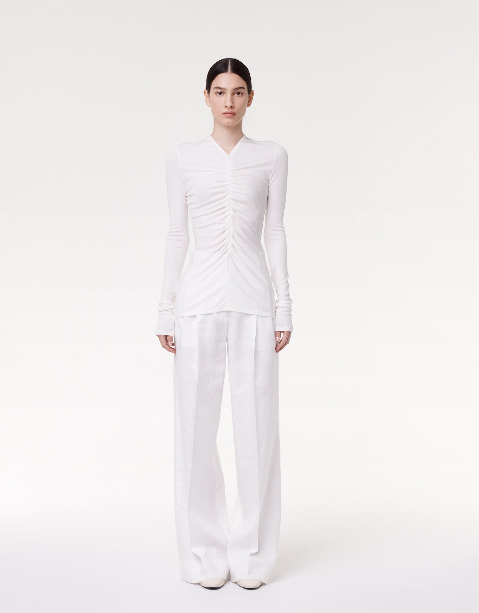 Another Tomorrow Shirred Long Sleeve Top in Off White – Viscose Women's Top