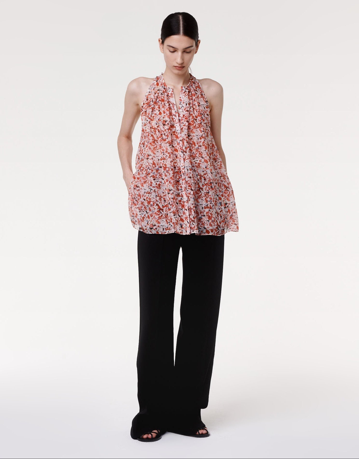 Another Tomorrow Silk Chiffon Scarf Blouse in Sedona Multi – Silk Women's Top
