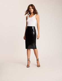 Faux Patent Leather Midi Skirt::Black::