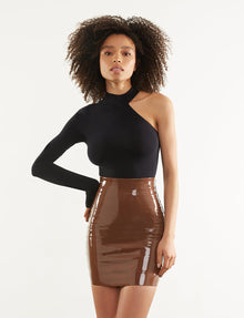 Faux Patent Leather Mini Skirt::Cinnamon::Hover