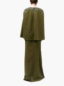 Stretch Crepe Cape Gown | Green
