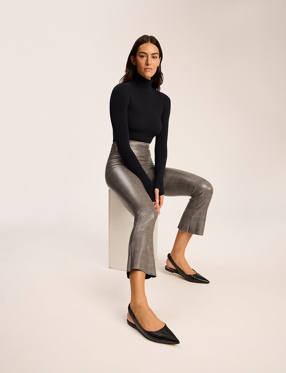 Faux Leather Print Cropped Flare::Glen Plaid::Hover