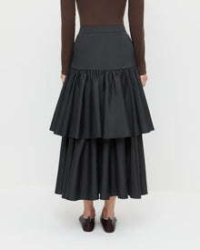 Sora Skirt in black taffeta, Lumi Long Sleeve Bodysuit in chocolate brown jersey, and Emery Black/Crystal Ballet Flat.