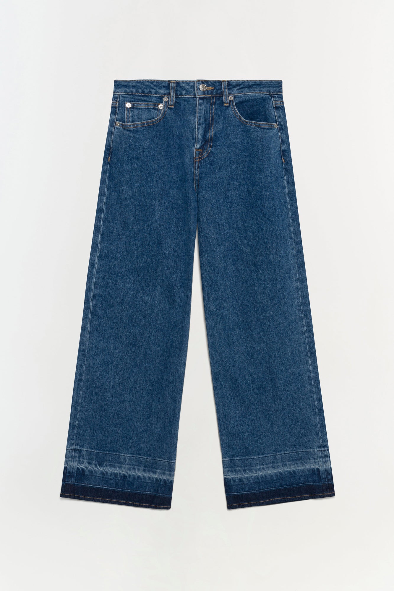 Wide-leg blue denim jeans with cropped length and darker wash hem detail.