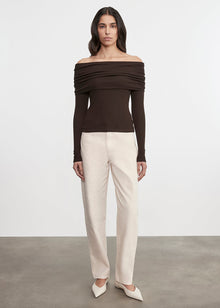 Silk Rib L/S Off-Shoulder Top | Coffee Bean