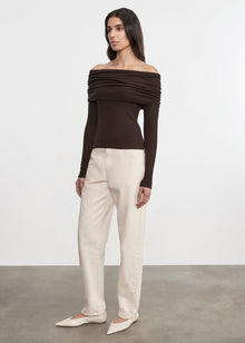 Silk Rib L/S Off-Shoulder Top | Coffee Bean