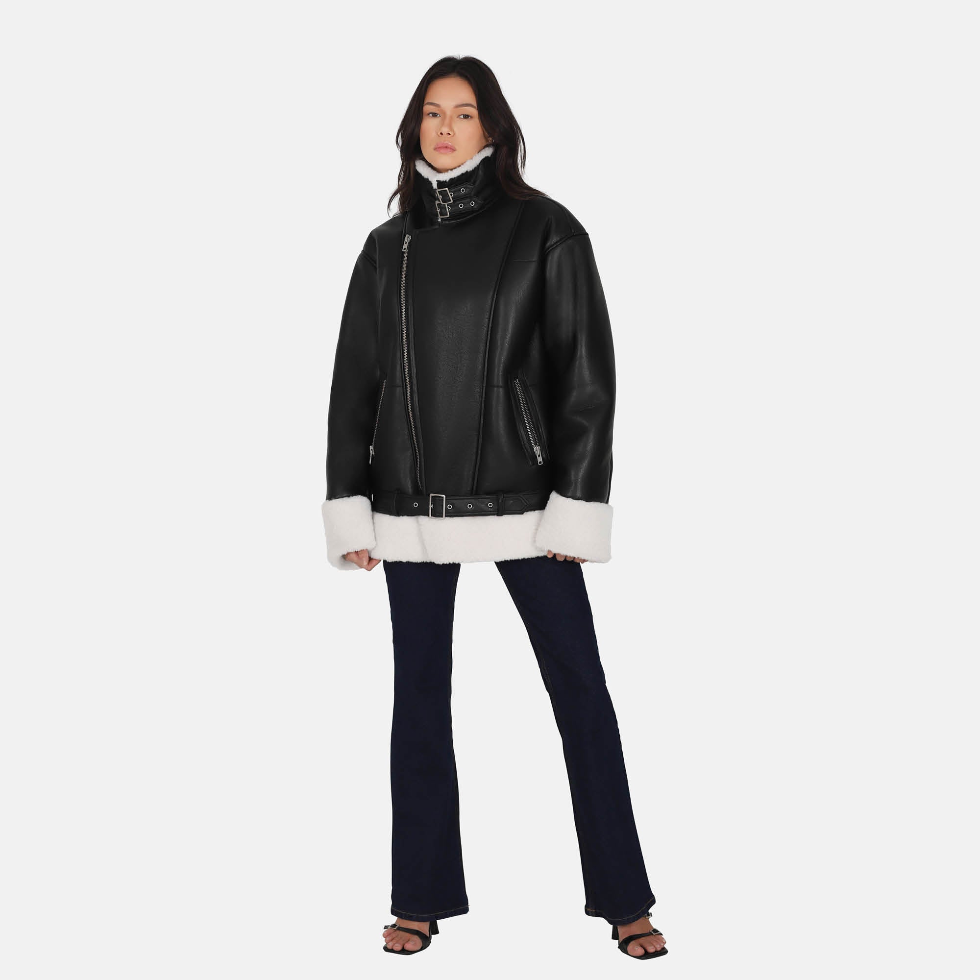 OW Collection Stockholm Faux Shearling Jacket | Black/Ivory