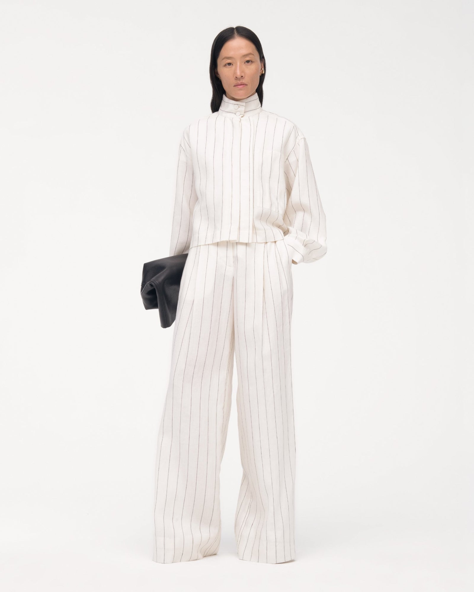 Another Tomorrow Mock Neck Pleat Shirt in Black/Off White – Linen Women's Top