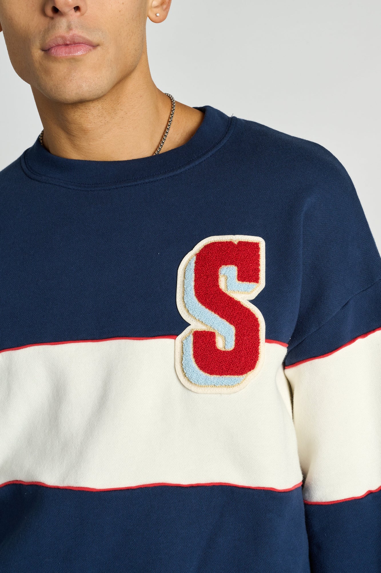 Soul by SoulCycle | Dakota Rugby Crew Neck W/ Chenille Patch | Navy/Cream