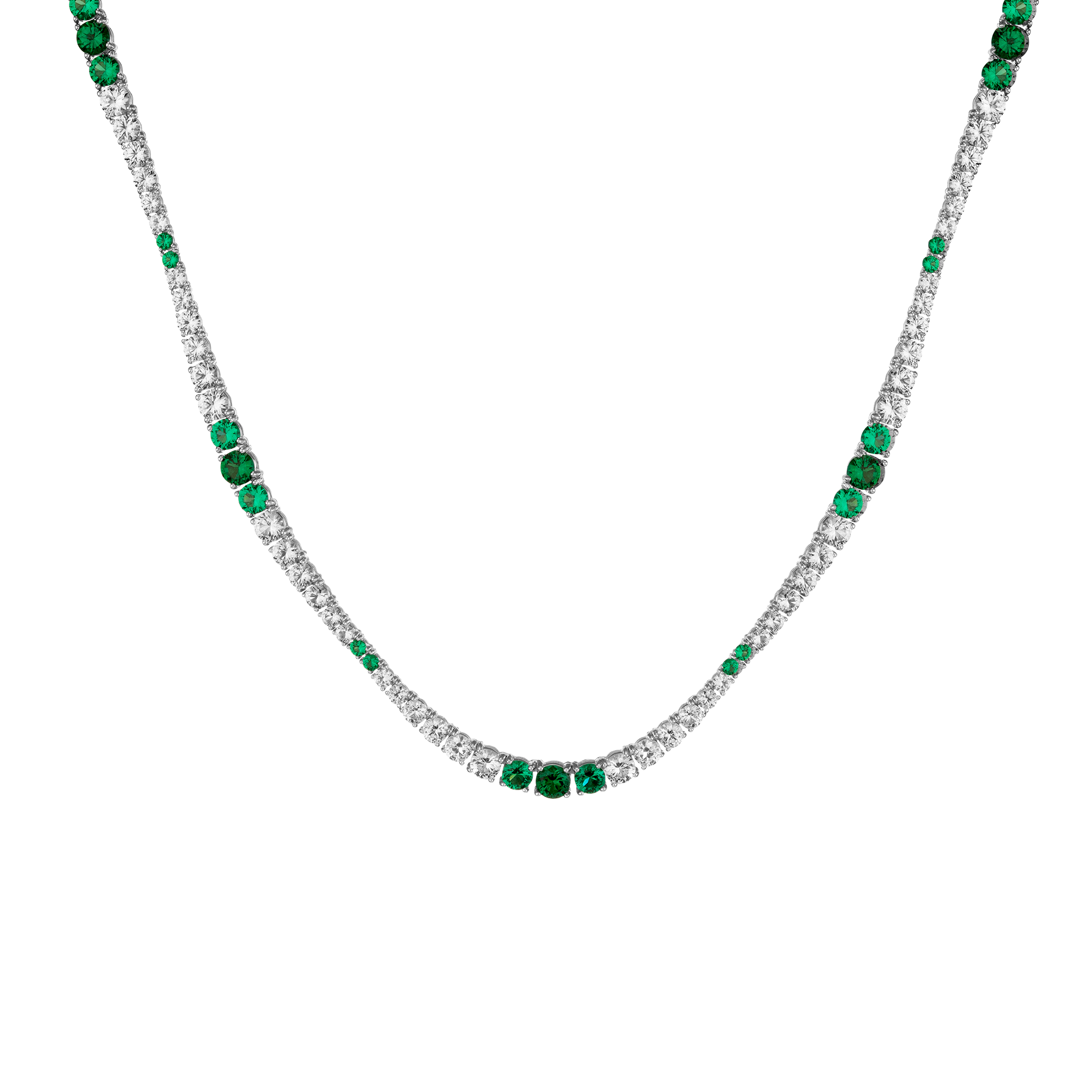 Lab Grown Emerald and White Sapphire Scalloped Tennis Necklace Vermeil White Gold 16in First
