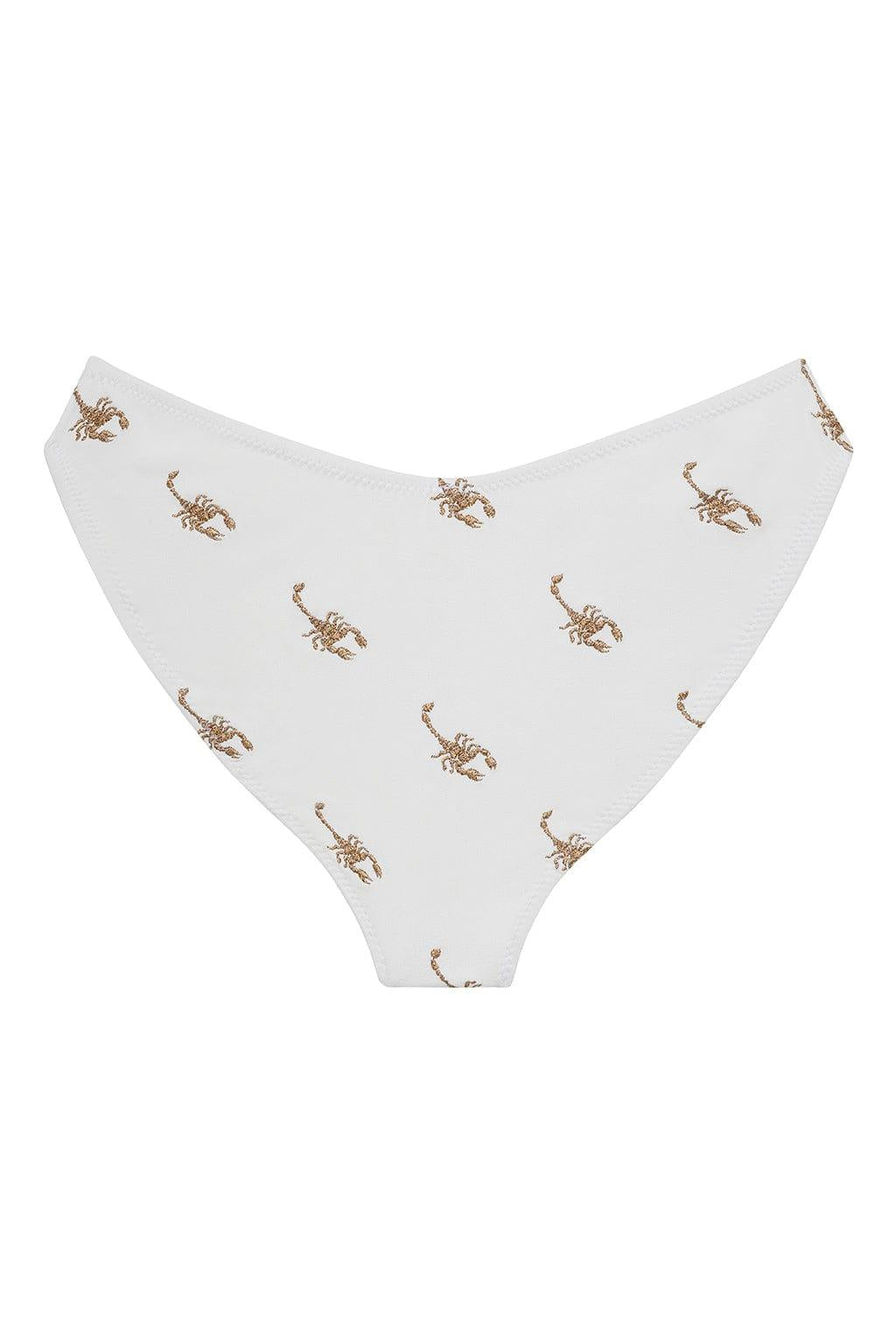 White bikini bottom with repeating tan scorpion print throughout.
