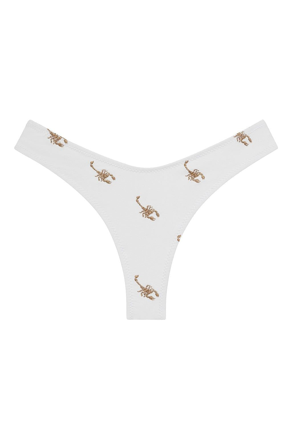 White bikini bottom with scattered tan scorpion embroidery and zig-zag stitching detail.