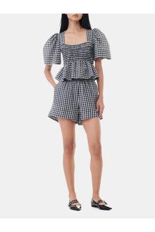 Seersucker Check Open neck Smock Blouse | Egret