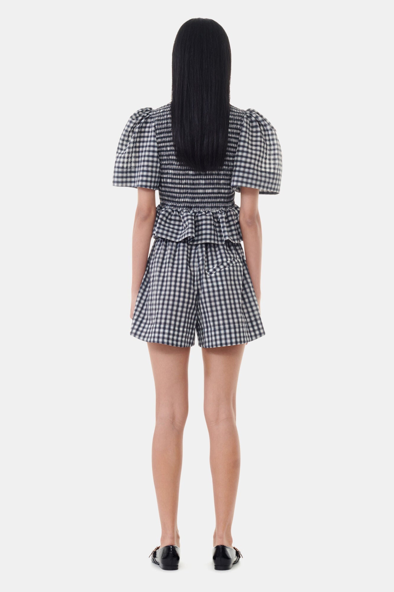 Seersucker Check Open neck Smock Blouse | Egret