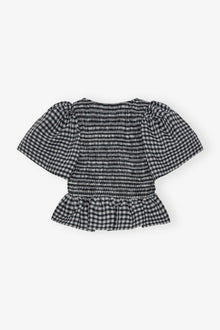 Seersucker Check Open neck Smock Blouse | Egret